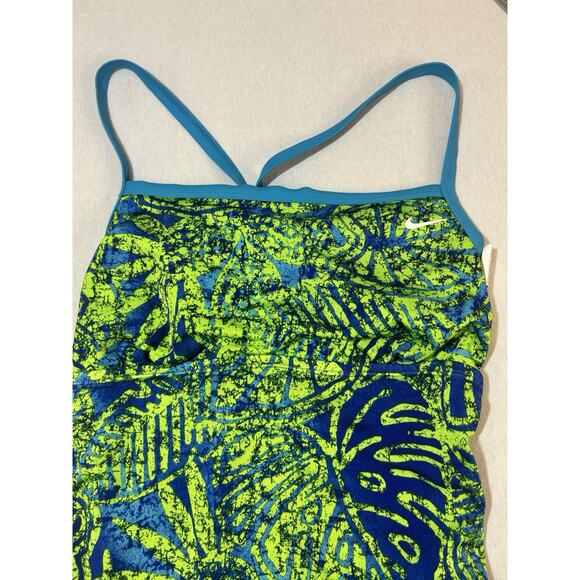 Nike One Piece‎ Swimsuit Neon Green & Blue Print Girls Size 14 Floral Geometric - Picture 4 of 11